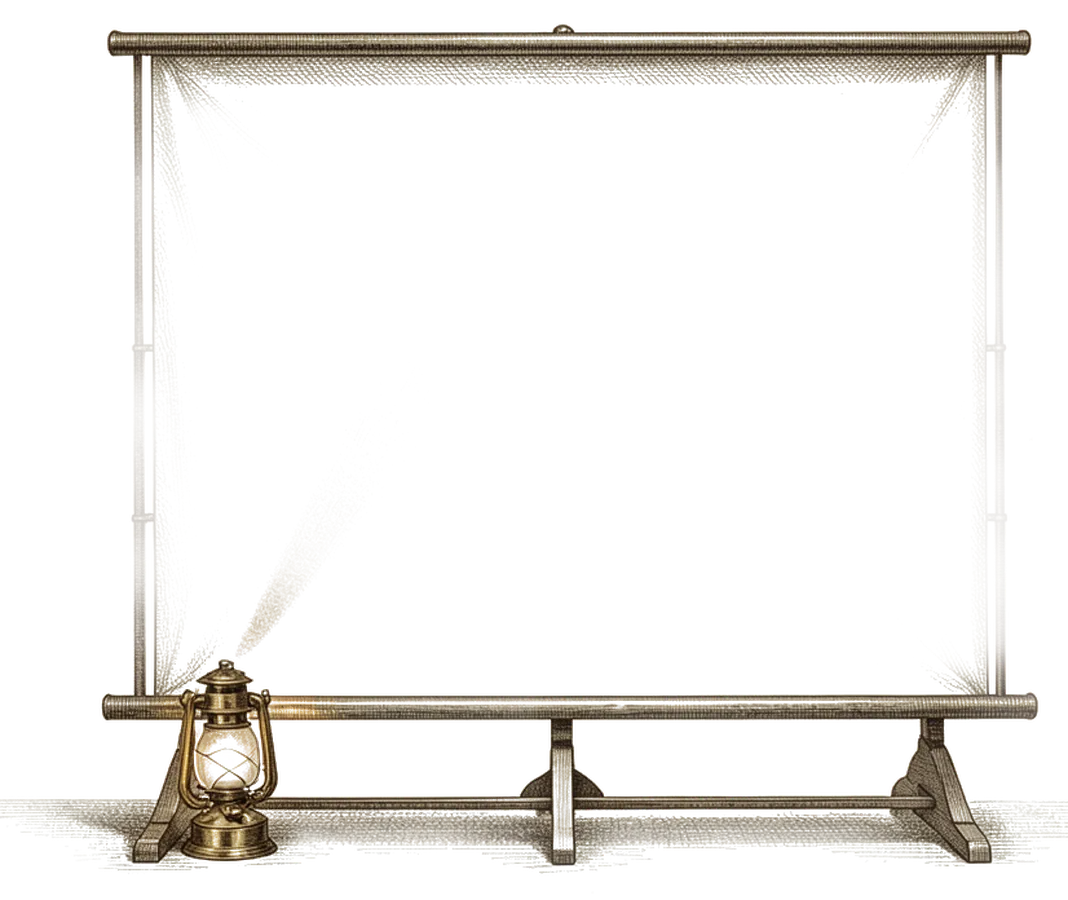 An engraved magic lantern projecting onto a cloth screen