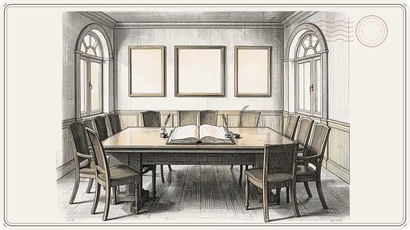 An engraved meeting room with a long table holding an open ledger, chairs along both sides and three empty picture frames