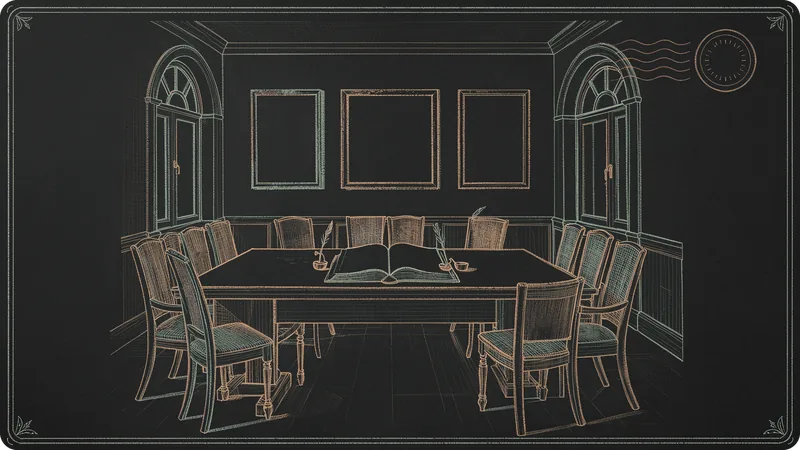 An engraved meeting room with a long table holding an open ledger, chairs along both sides and three empty picture frames