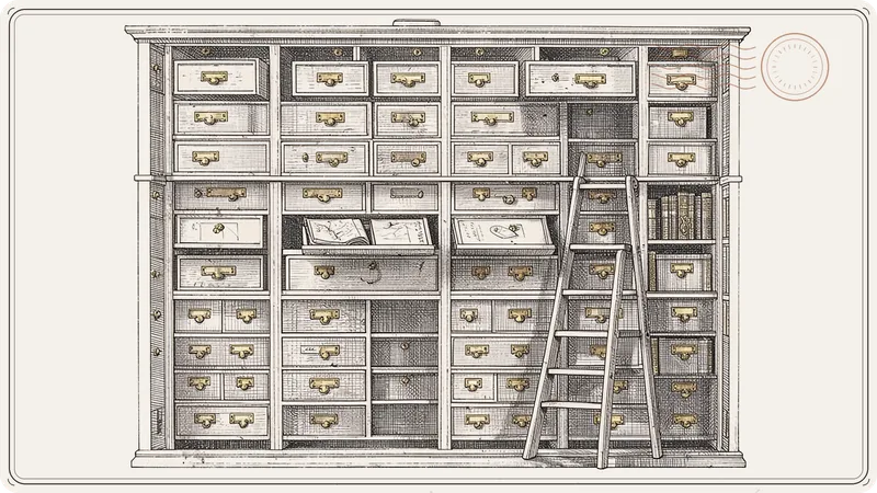 An engraved wall of labelled drawers with a leaning ladder beside them