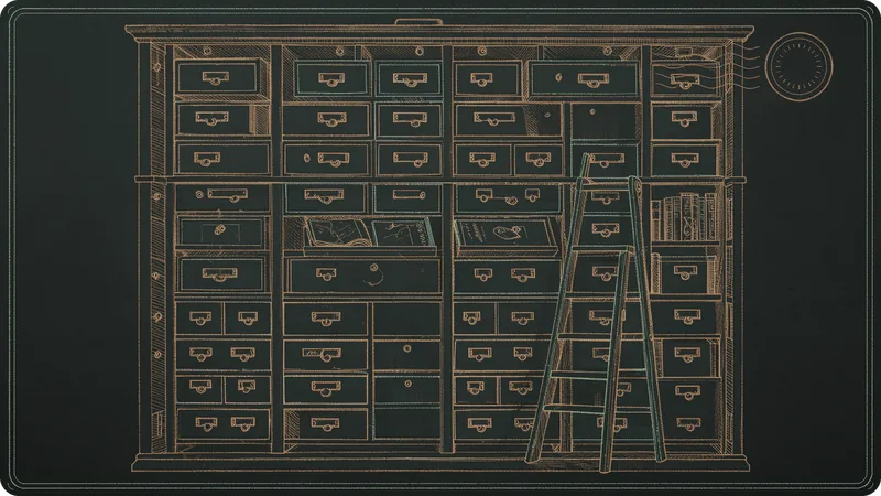 An engraved wall of labelled drawers with a leaning ladder beside them