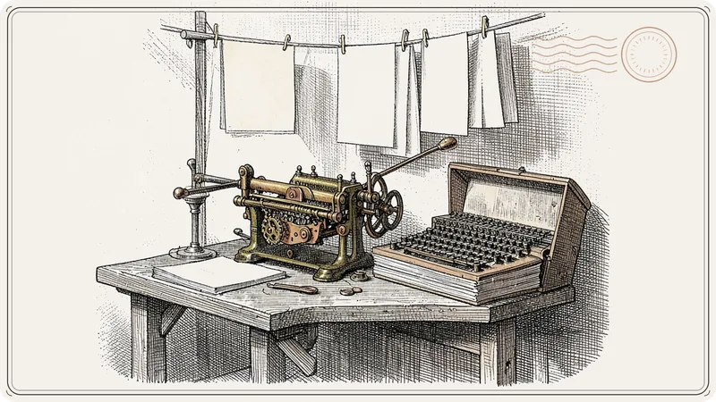 An engraved desk with a duplicating press, a typewriter and printed sheets on a wire