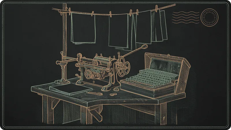 An engraved desk with a duplicating press, a typewriter and printed sheets on a wire