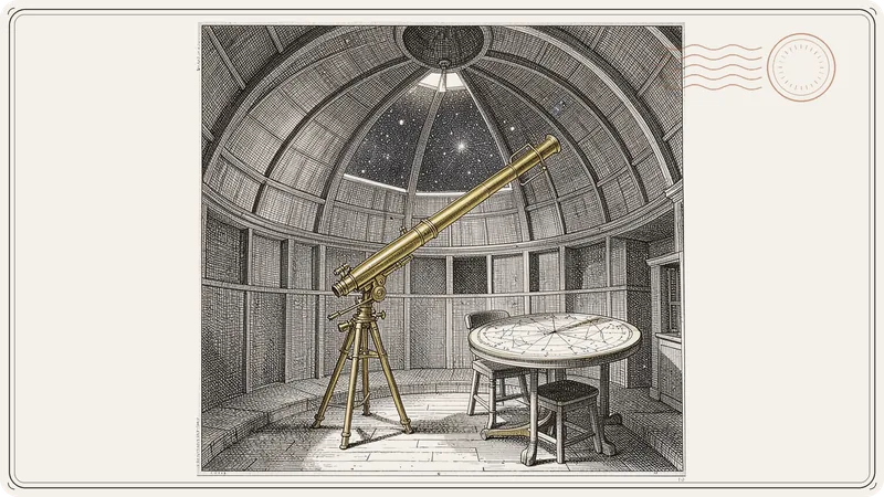 An engraved observatory dome open to the stars with a telescope on a tripod