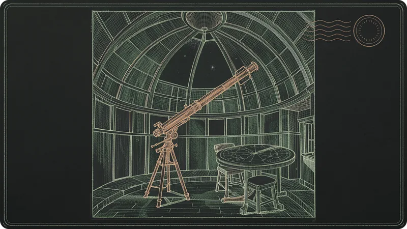 An engraved observatory dome open to the stars with a telescope on a tripod
