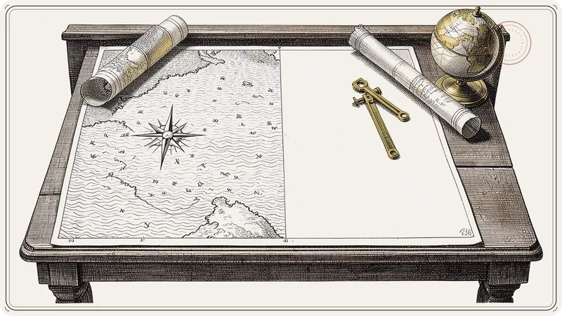 An engraved drafting table with a half-drawn sea chart, a compass rose, rolled maps, dividers and a globe