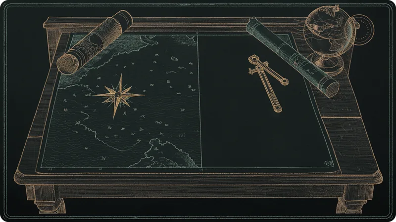 An engraved drafting table with a half-drawn sea chart, a compass rose, rolled maps, dividers and a globe