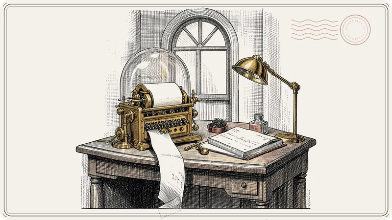 An engraved desk with a ticker under a glass dome, an open ledger and a brass lamp