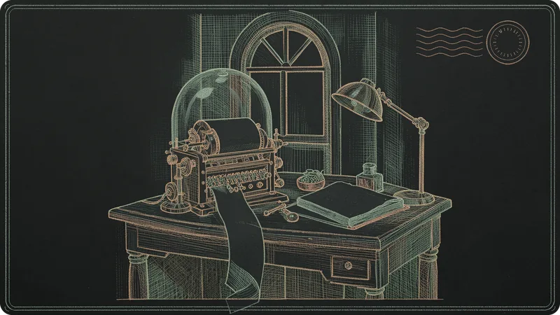 An engraved desk with a ticker under a glass dome, an open ledger and a brass lamp
