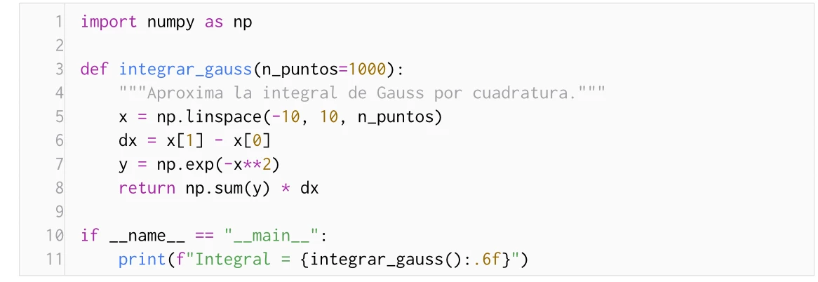 A Python code block typeset by texforge: a light frame, line numbers in the margin, keywords, strings and numbers in colour.